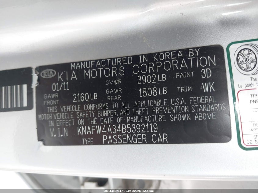 2011 Kia Forte Sx VIN: KNAFW4A34B5392119 Lot: 44862817