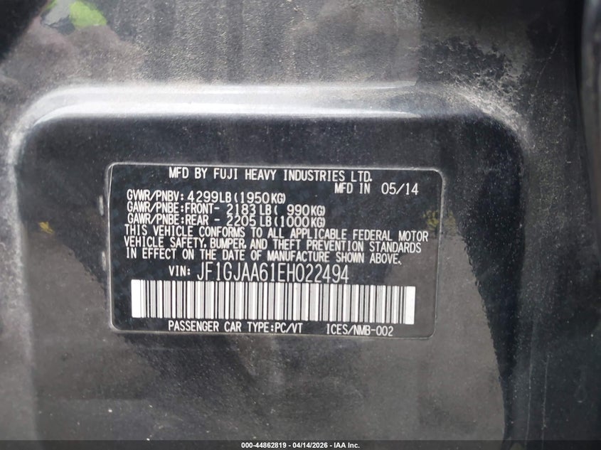 2014 Subaru Impreza 2.0I VIN: JF1GJAA61EH022494 Lot: 44862819