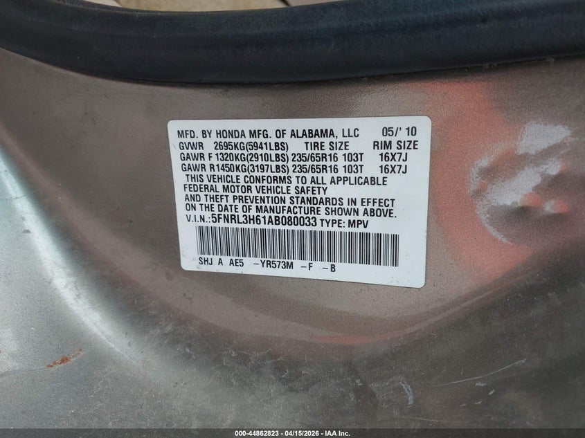 2010 Honda Odyssey Ex-L VIN: 5FNRL3H61AB080033 Lot: 44862823