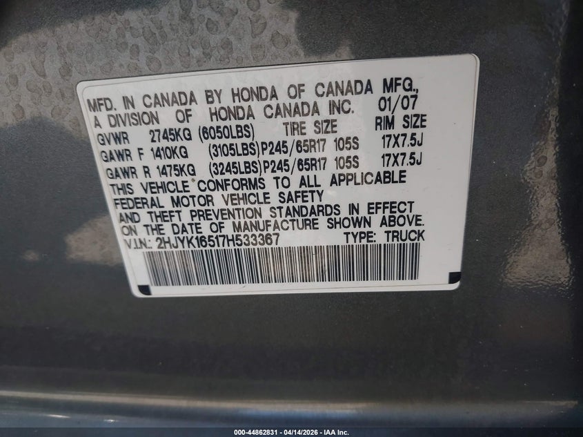 2007 Honda Ridgeline Rtl VIN: 2HJYK16517H533367 Lot: 44862831