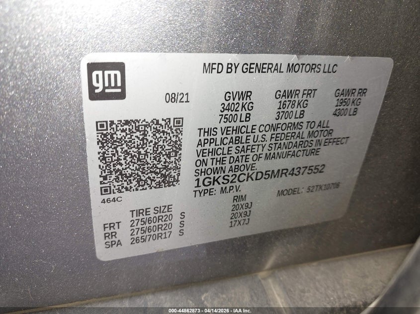 2021 Gmc Yukon 5.3 4Wd At4 silver Lot 111044862873 Vin 1GKS2CKD5MR437552