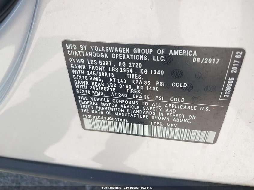 2018 Volkswagen Atlas 3.6L V6 Se/3.6L V6 Se W/Technology VIN: 1V2LR2CA1JC517938 Lot: 44862878