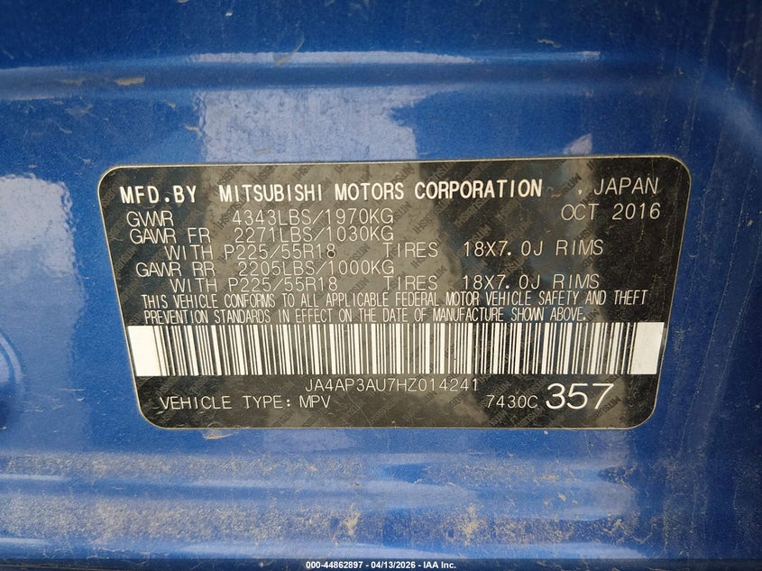 2017 Mitsubishi Outlander Sport 2.0 Es VIN: JA4AP3AU7HZ014241 Lot: 44862897