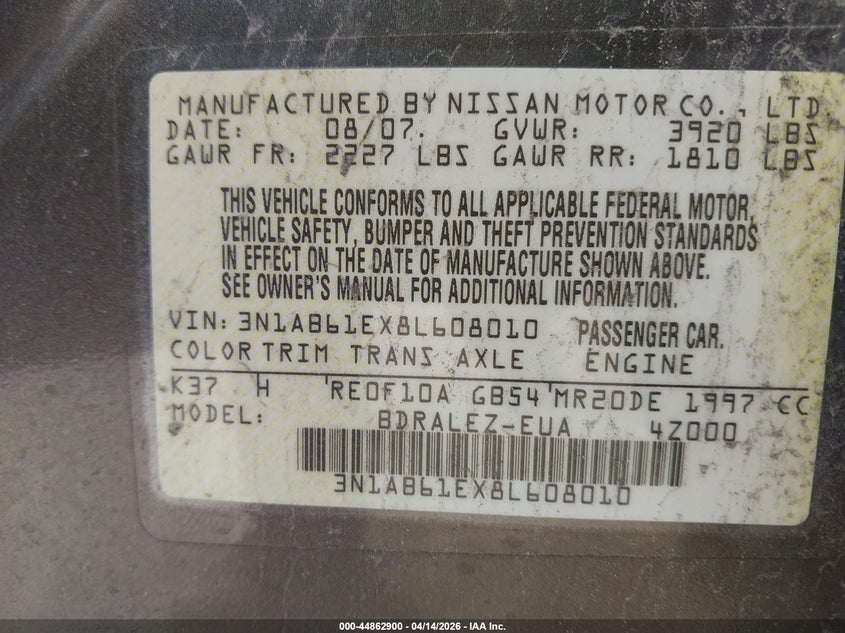 2008 Nissan Sentra 2.0S VIN: 3N1AB61EX8L608010 Lot: 44862900