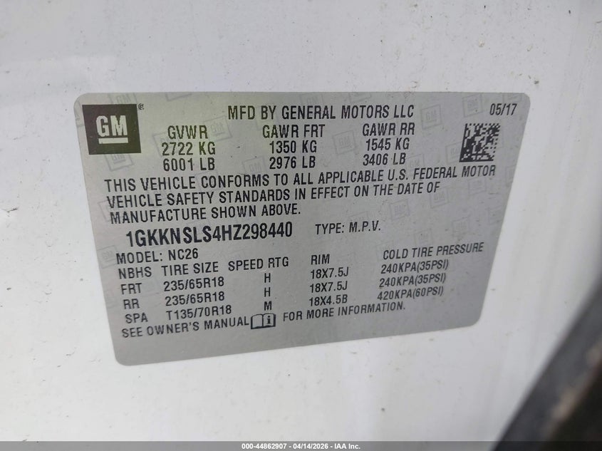 2017 GMC Acadia Sle-2 VIN: 1GKKNSLS4HZ298440 Lot: 44862907