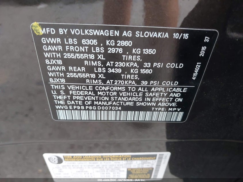 2016 Volkswagen Touareg Tdi Sport W/Technology VIN: WVGEP9BP8GD007034 Lot: 44862908