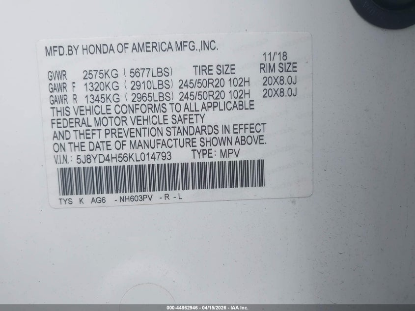 2019 Acura Mdx Tech Pkg VIN: 5J8YD4H56KL014793 Lot: 44862946