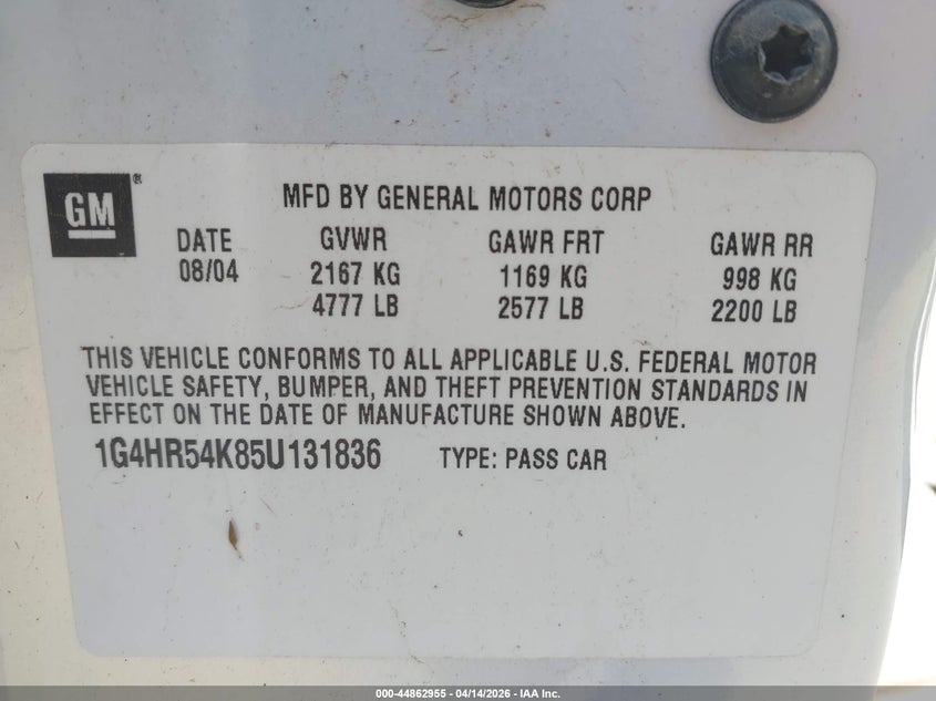 2005 Buick Lesabre Limited VIN: 1G4HR54K85U131836 Lot: 44862955
