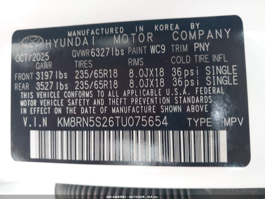 2026 Hyundai Palisade Sel Premium VIN: KM8RN5S26TU075654 Lot: 44862961