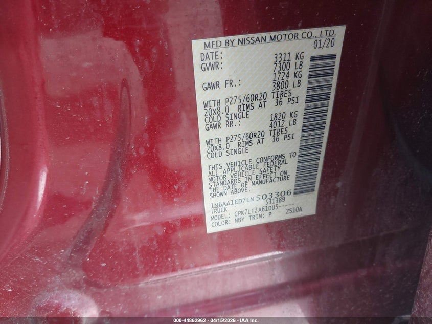 2020 Nissan Titan Platinum Reserve 4X4 VIN: 1N6AA1ED7LN503306 Lot: 44862962