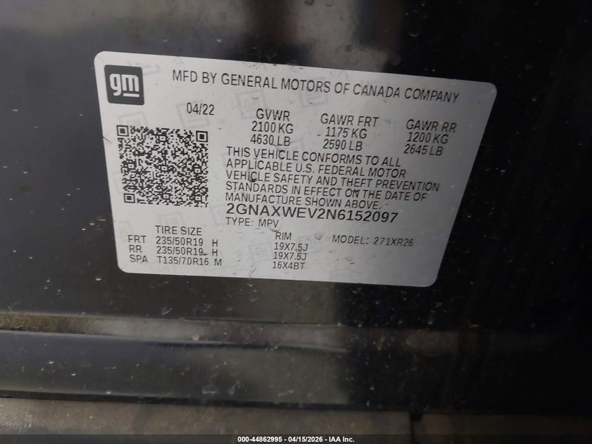 2022 Chevrolet Equinox Awd Rs VIN: 2GNAXWEV2N6152097 Lot: 44862995