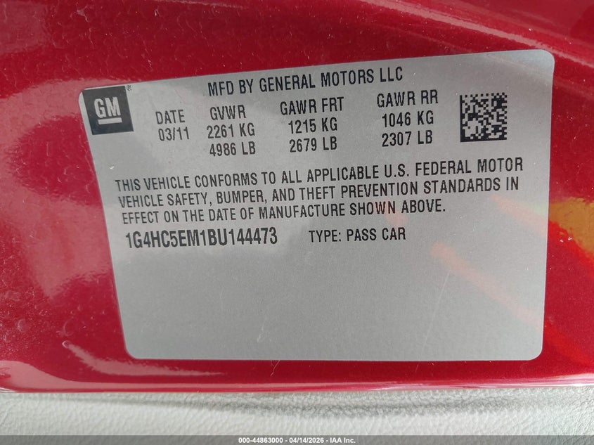 2011 Buick Lucerne Cxl VIN: 1G4HC5EM1BU144473 Lot: 44863000