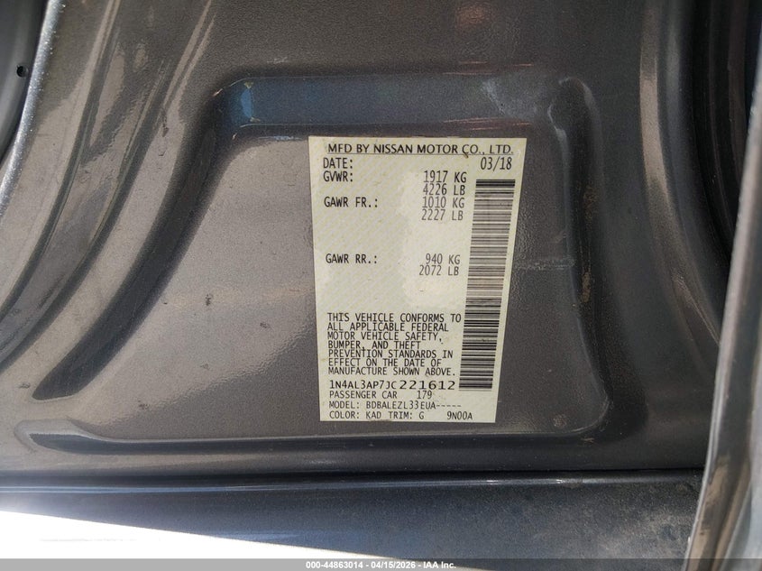 2018 Nissan Altima 2.5 S VIN: 1N4AL3AP7JC221612 Lot: 44863014