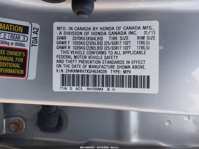 2013 Honda Cr-V Ex-L VIN: 2HKRM4H7XDH634039 Lot: 44863027