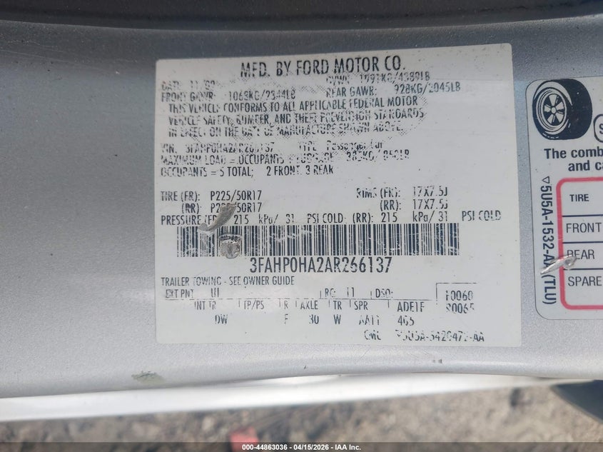 2010 Ford Fusion Se VIN: 3FAHP0HA2AR266137 Lot: 44863036