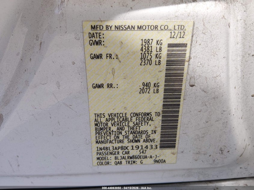 2013 Nissan Altima 3.5 S VIN: 1N4BL3AP8DC191433 Lot: 44863050