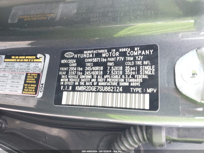 2025 Hyundai Palisade Sel VIN: KM8R2DGE7SU882124 Lot: 44863054