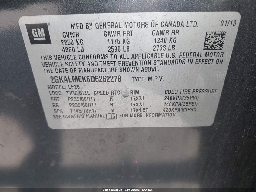 2013 GMC Terrain Sle-1 VIN: 2GKALMEK6D6262278 Lot: 44863062