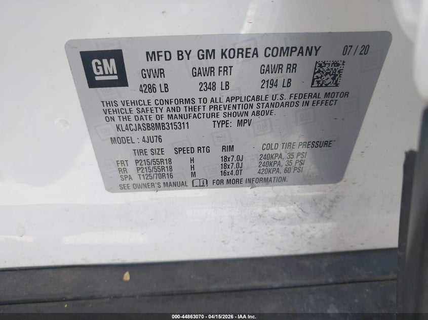 2021 Buick Encore Fwd Preferred VIN: KL4CJASB8MB315311 Lot: 44863070