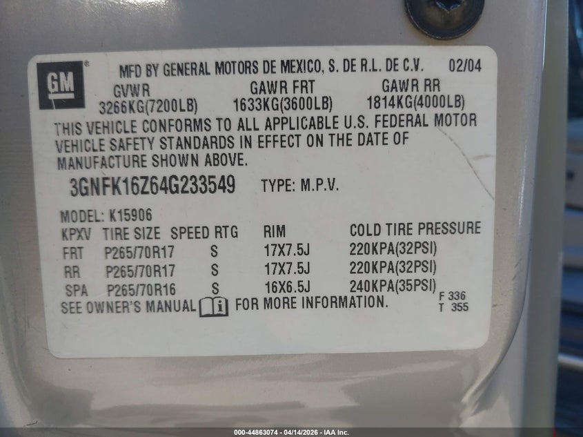 2004 Chevrolet Suburban 1500 Ls VIN: 3GNFK16Z64G233549 Lot: 44863074