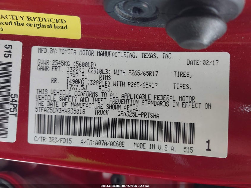 2017 Toyota Tacoma Trd Sport VIN: 5TFAZ5CN3HX035018 Lot: 44863086