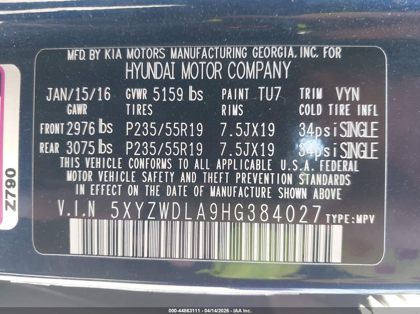 2017 Hyundai Santa Fe Sport 2.0T Ultimate VIN: 5XYZWDLA9HG384027 Lot: 44863111