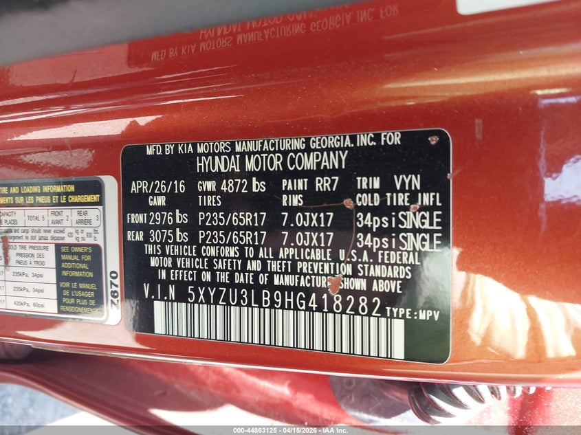 2017 Hyundai Santa Fe Sport 2.4L VIN: 5XYZU3LB9HG418282 Lot: 44863125