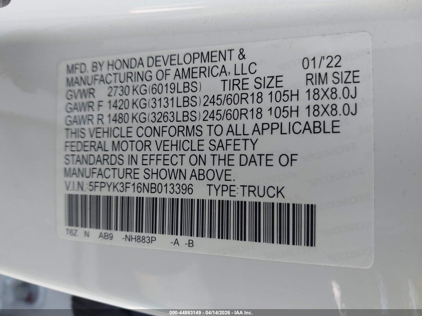 2022 Honda Ridgeline Sport VIN: 5FPYK3F16NB013396 Lot: 44863149