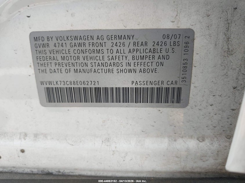 2008 Volkswagen Passat Komfort VIN: WVWLK73C88E062721 Lot: 44863152
