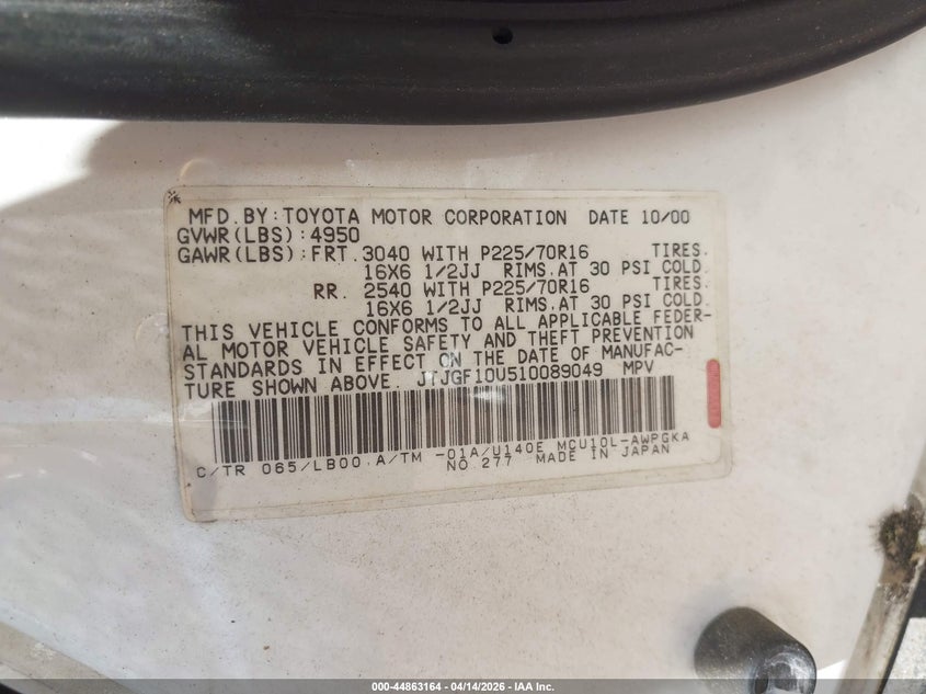 2001 Lexus Rx 300 VIN: JTJGF10U510089049 Lot: 44863164