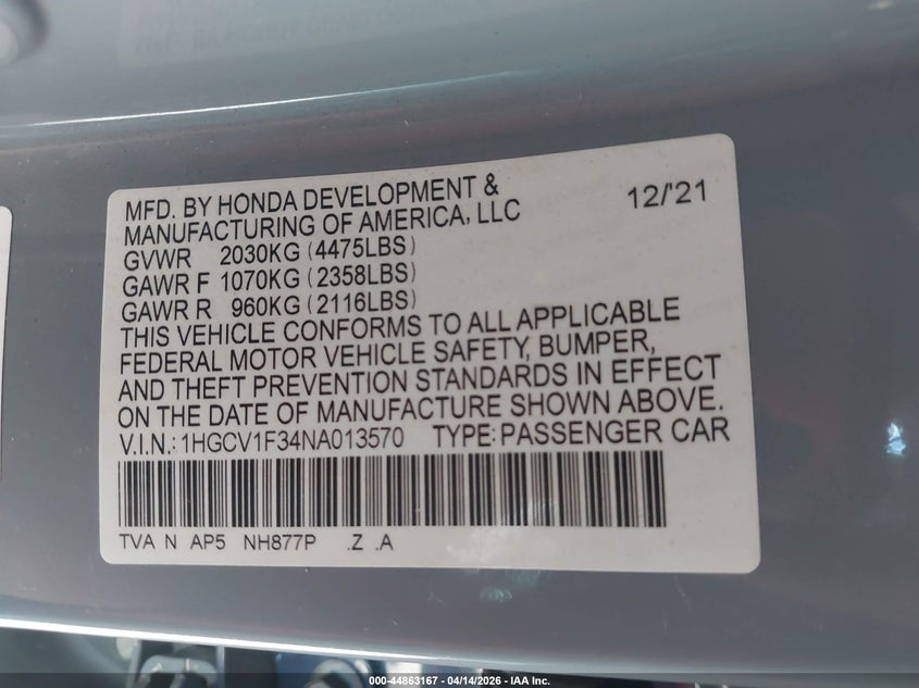 2022 Honda Accord Sport VIN: 1HGCV1F34NA013570 Lot: 44863167