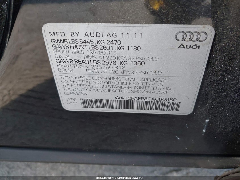 2012 Audi Q5 2.0T Premium VIN: WA1CFAFP8CA060980 Lot: 44863179