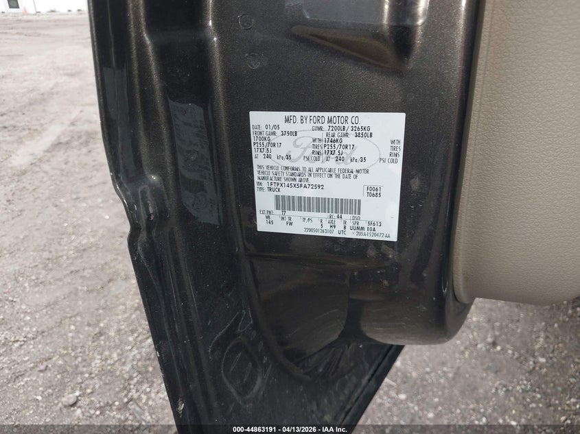 2005 Ford F-150 Fx4/Lariat/Xl/Xlt VIN: 1FTPX145X5FA72592 Lot: 44863191