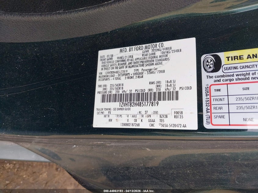 2008 Ford Mustang Gt Deluxe/Gt Premium VIN: 1ZVHT82H485177819 Lot: 44863193