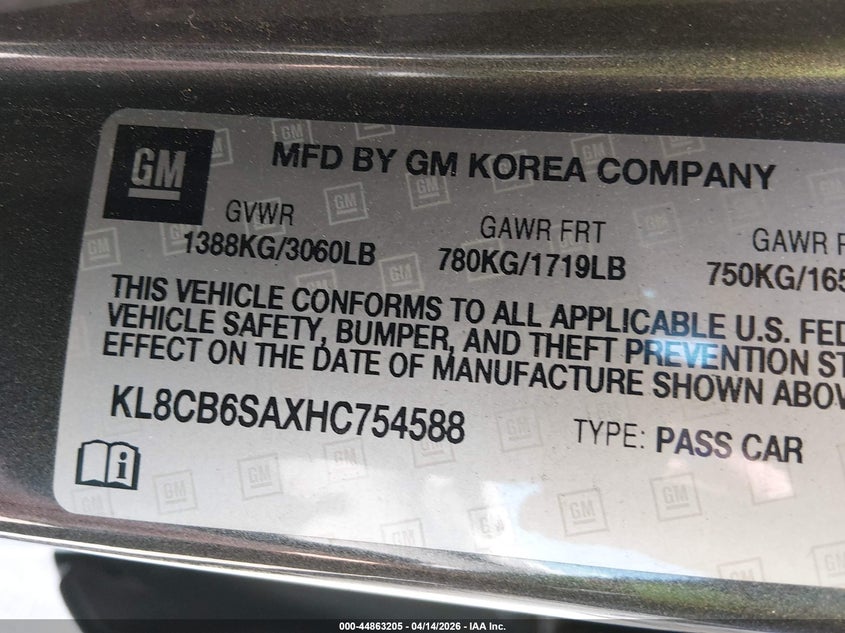 2017 Chevrolet Spark Ls Cvt VIN: KL8CB6SAXHC754588 Lot: 44863205