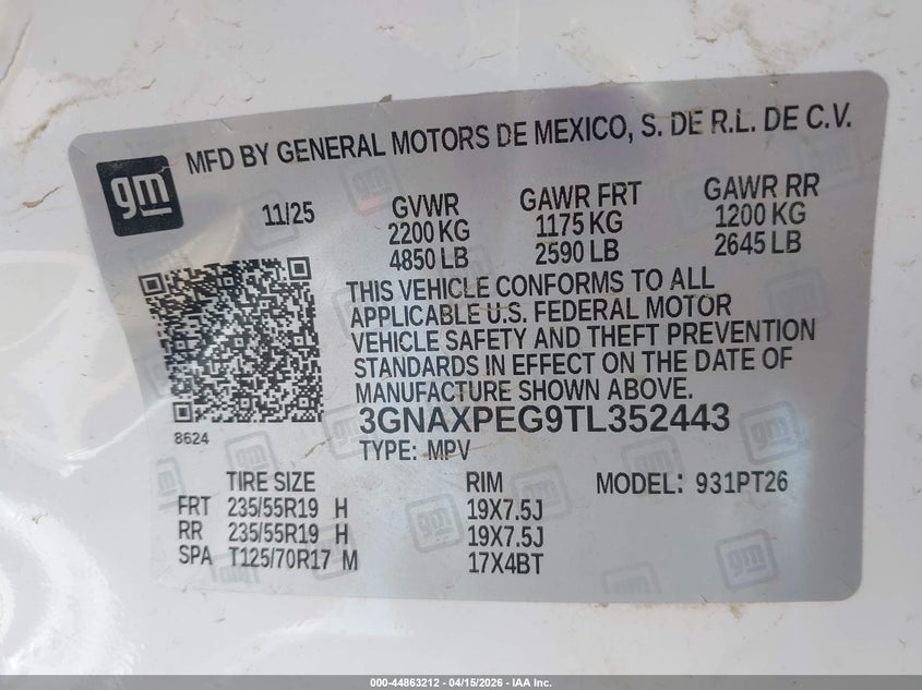 2026 Chevrolet Equinox Awd Lt VIN: 3GNAXPEG9TL352443 Lot: 44863212