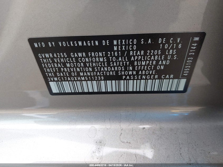 2017 Volkswagen Golf Sportwagen Tsi S/Tsi Se/Tsi Sel VIN: 3VWC17AUXHM511239 Lot: 44863216