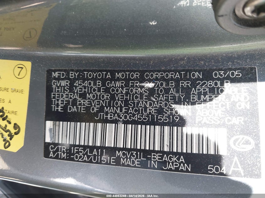 2005 Lexus Es 330 VIN: JTHBA30G455115519 Lot: 44863248