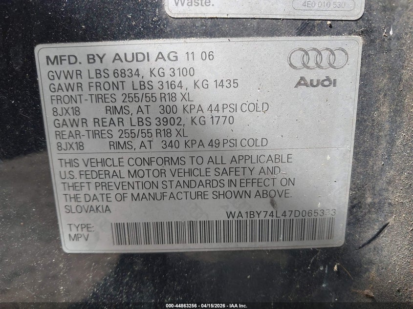 2007 Audi Q7 3.6 Premium VIN: WA1BY74L47D065333 Lot: 44863256