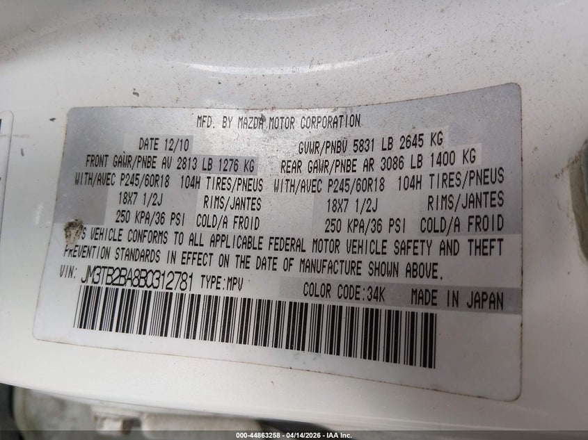 2011 Mazda Cx-9 Sport VIN: JM3TB2BA8B0312781 Lot: 44863258