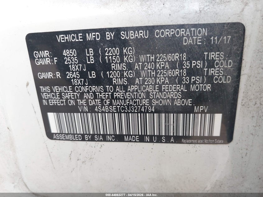 2018 Subaru Outback 3.6R Touring VIN: 4S4BSETC3J3274794 Lot: 44863277