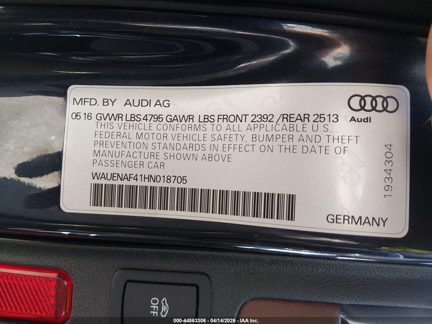 2017 Audi A4 2.0T Premium VIN: WAUENAF41HN018705 Lot: 44863306