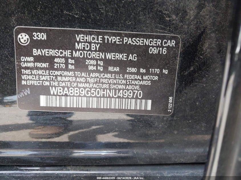 2017 BMW 330I VIN: WBA8B9G50HNU49970 Lot: 44863309