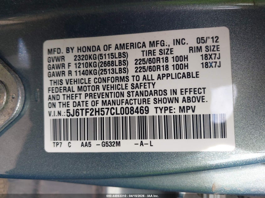 2012 Honda Crosstour Ex-L VIN: 5J6TF2H57CL008469 Lot: 44863310