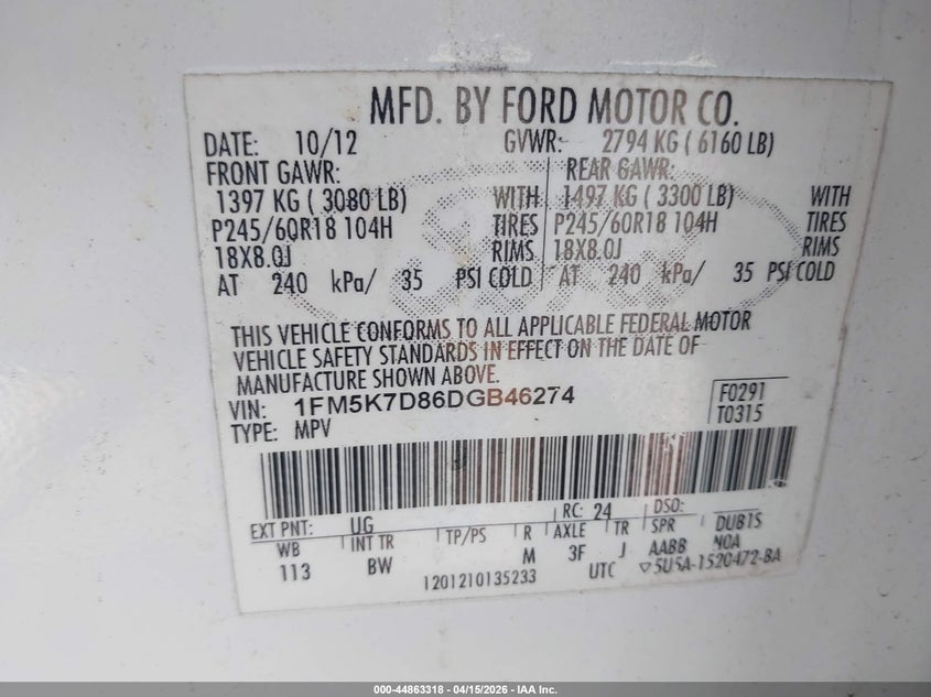 2013 Ford Explorer Xlt VIN: 1FM5K7D86DGB46274 Lot: 44863318