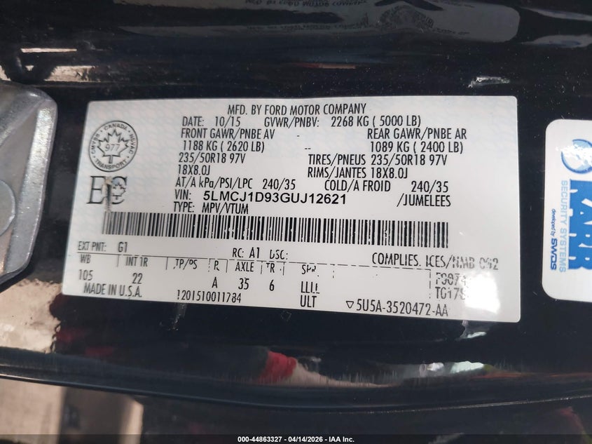 2016 Lincoln Mkc Premier VIN: 5LMCJ1D93GUJ12621 Lot: 44863327
