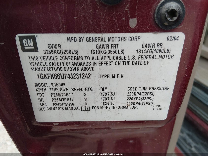 2004 GMC Yukon Xl 1500 Denali VIN: 1GKFK66U74J231242 Lot: 44863338