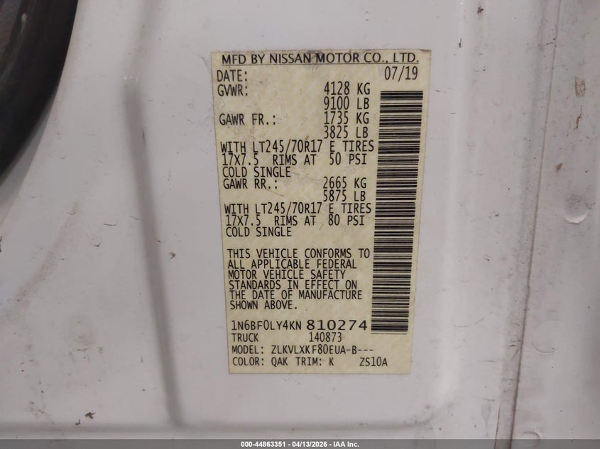 2019 Nissan Nv Cargo Nv2500 Hd Sv V6 VIN: 1N6BF0LY4KN810274 Lot: 44863351