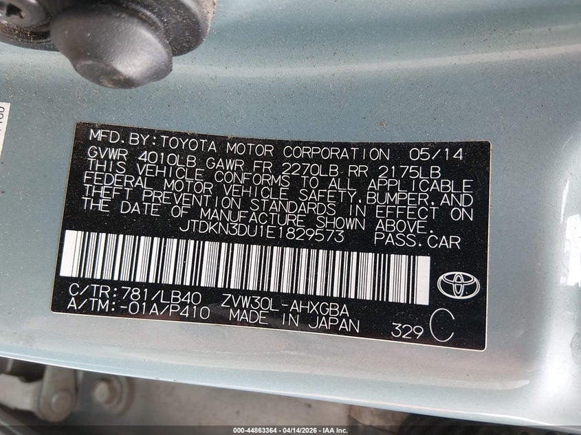 2014 Toyota Prius Five VIN: JTDKN3DU1E1829573 Lot: 44863364