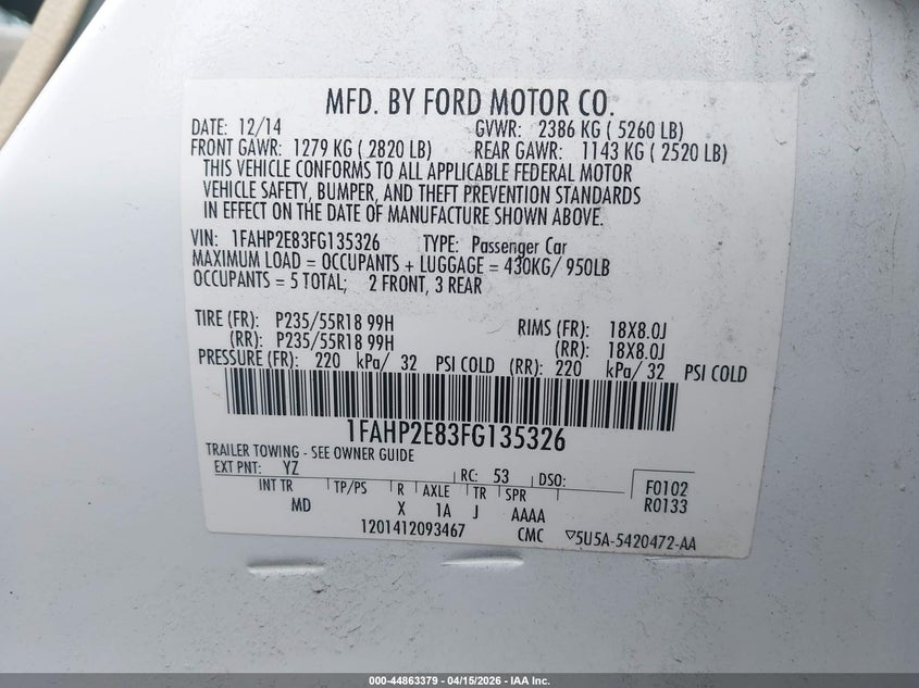 2015 Ford Taurus Sel VIN: 1FAHP2E83FG135326 Lot: 44863379